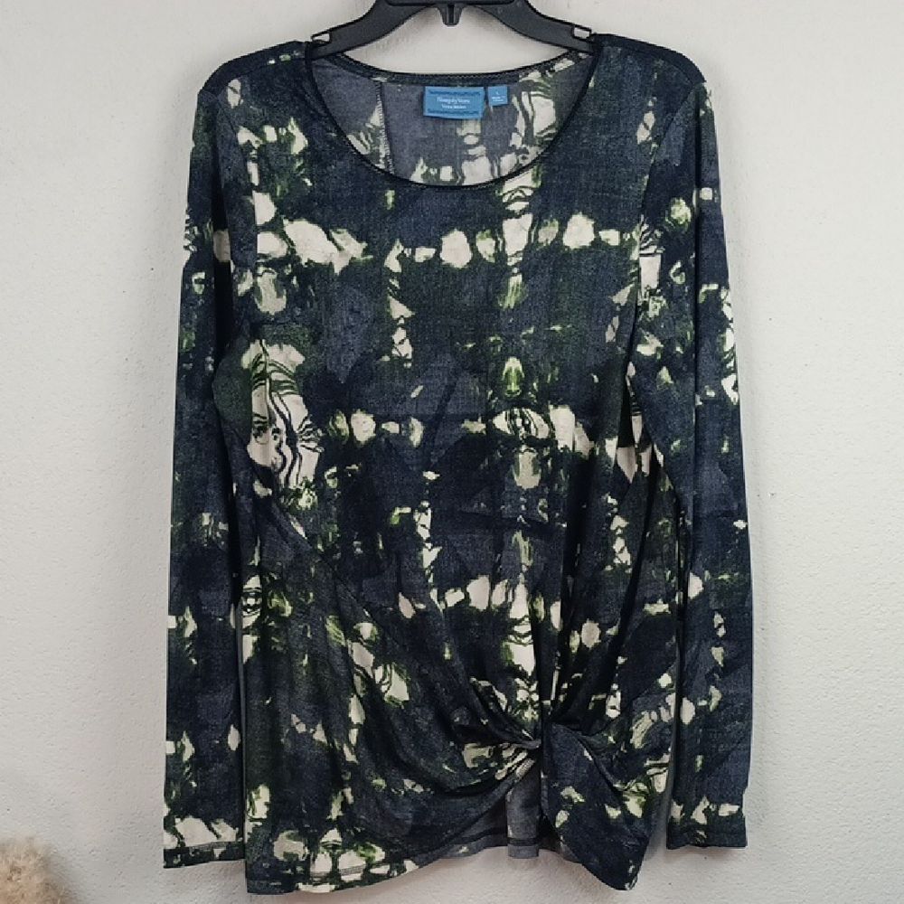 Simply Vera Vera Wang Navy and Green Long Sleeve Tie-Dye Knot Hem Blouse sz L